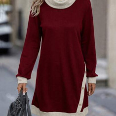 Rochie mini stil pulover cu guler, aplicatii nasturi, visiniu, dama