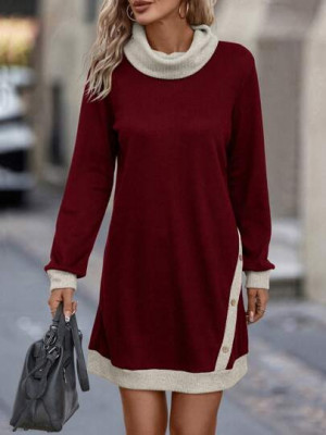 Rochie mini stil pulover cu guler, aplicatii nasturi, visiniu, dama foto