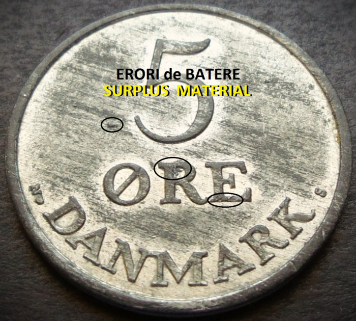 Moneda 5 ORE - DANEMARCA, anul 1955 *cod 3649 = A.UNC + EROARE SURPLUS!