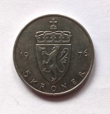 Norvegia 5 Coroane Kroner 1976 moneda cupru nichel km # 1446, Europa