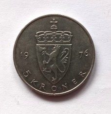 Norvegia 5 Coroane Kroner 1976 moneda cupru nichel km # 1446