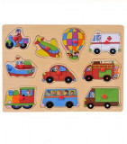 Cumpara ieftin Puzzle incastru cu butoni din lemn Mijloace de transport-10 piese, Oem