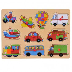 Puzzle incastru cu butoni din lemn Mijloace de transport-10 piese