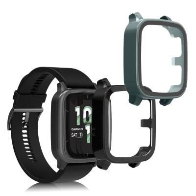 Set 2 Huse Kwmobile cu sticla securizata pentru Garmin Venu Sq 2 Music, Negru/Verde, Plastic, KWM000024ZF004C foto