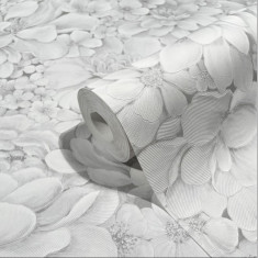 Tapet floral, extralavabil, alb, argintiu, dormito, Marburg Botanica, 33952