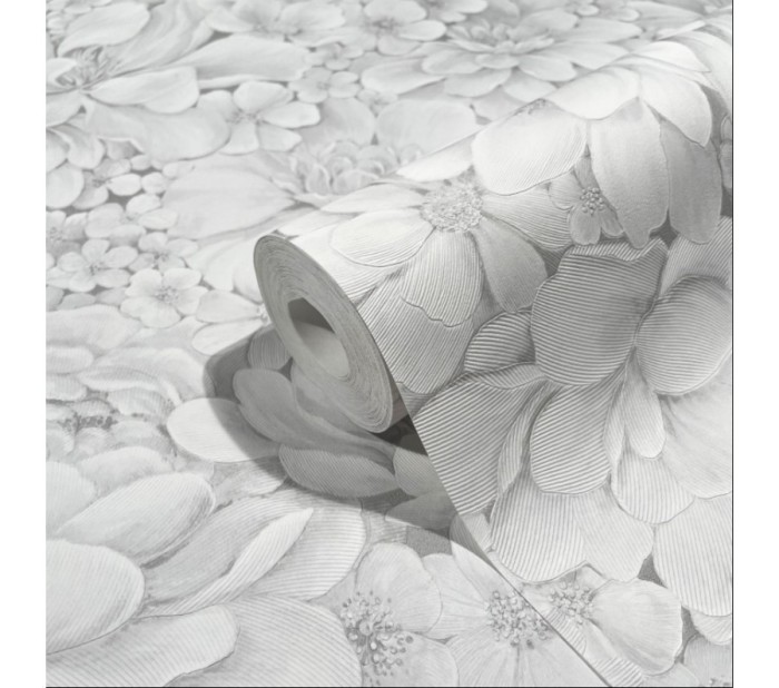 Tapet floral, extralavabil, alb, argintiu, dormito, Marburg Botanica, 33952