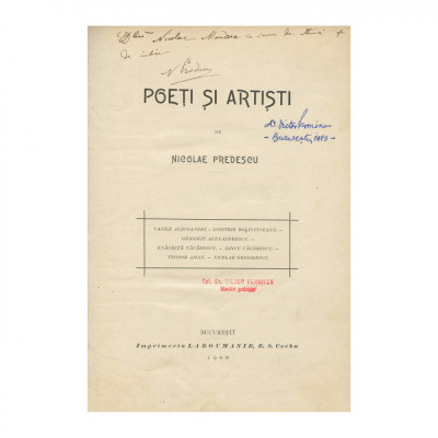 Nicolae Predescu, Poeți și artiști, 1900, cu dedicație foto