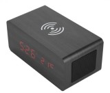 Ceas Digital Lemn Negru cu Incarcare Wireless 5W, Bluetooth V4.1, Alarma, Handsfree, USB, LED, 12/24H