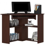 Birou calculator pe colt, placa laminata, 4 rafturi, raft tastatura, stejar Wenge, 80x80x74 cm