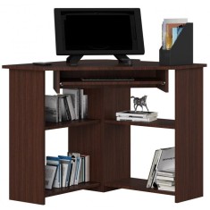 Birou calculator pe colt, placa laminata, 4 rafturi, raft tastatura, stejar Wenge, 80x80x74 cm