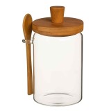 Recipient din sticla borosilicata Pufo pentru depozitare condimente, zahar, cafea, cu capac din lemn si lingura, 750 ml