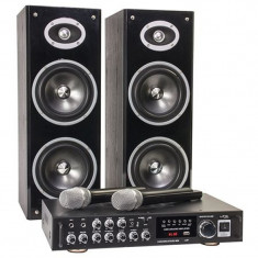 Set karaoke amplificator, 2 difuzoare coloana cu 2 cai 200 W, microfoane wireless foto