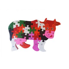 Puzzle 3D din lemn pentru copii cu Alfabet si Cifre, Vacuta, 26 piese, 26 cm, 18005SX