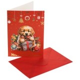 Felicitare de Crăciun Roșie cu Cățeluș, Cadou și Ornamente, 12x17cm, cu Plic, CMCLASS