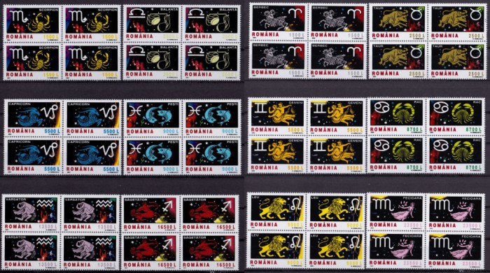 ✅RO 2001/2002 LP 1574+1576 &quot;Semnele zodiacului&quot; I + II serii bloc de 4 , MNH