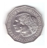 Moneda Australia 50 cents/centi 1981, nunta regala, stare buna, curata, Australia si Oceania, Cupru-Nichel