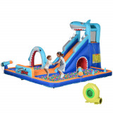 Cumpara ieftin Outsunny Castelul Gonflabil 6 in 1 pentru Copii, cu Tobogan, Piscina, Perete de Catarare, Tun de Apa, Parc Acvatic Gonflabil cu Tematica Rechini