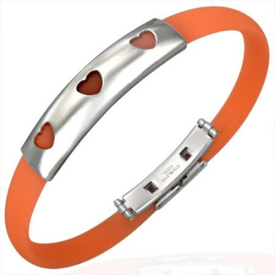 Brățară de cauciuc &amp;icirc;n culoare portocalie - placă de oțel cu trei inimioare decupate foto