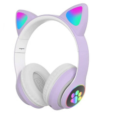 Casti wireless pentru copii Gobro, Bluetooth, Model urechi de pisica, Iluminare LED, Mov foto