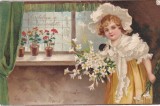 Cumpara ieftin Carte Postala Circulata 1905 - Fetita cu Crini Albi si Muscate, Dimensiune 14x9 cm, Stare Buna