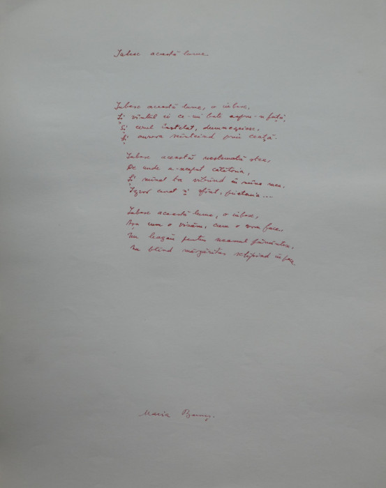 Manuscris de poeta Maria Banus , poezia Iubesc aceasta lume