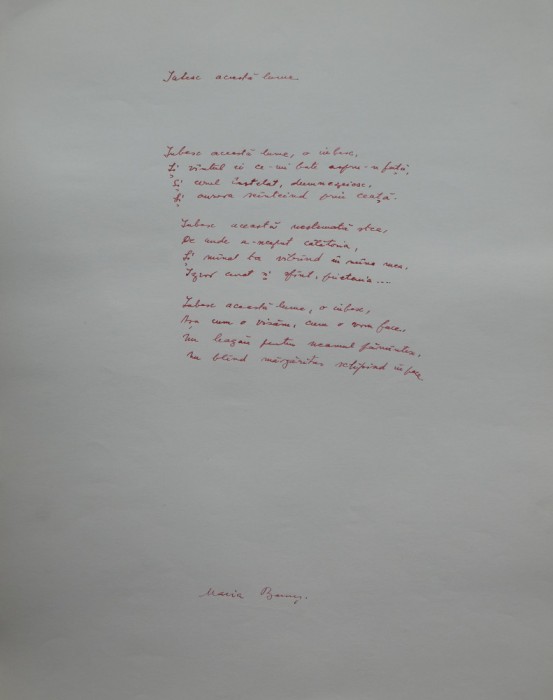 Manuscris de expozitie scris olograf de poeta Maria Banus poezia Iubesc aceasta lume