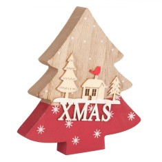 Decor Crăciun, Brad, Lemn, 14cm, Roșu și Natural