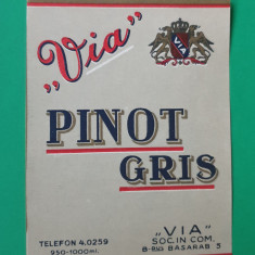 Eticheta veche perioada regala anii 1930 - vin PINOT GRI - VIA Piesa de colectie