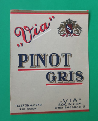 Eticheta veche perioada regala anii 1930 - vin PINOT GRI - VIA Piesa de colectie foto