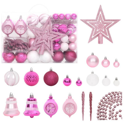 vidaXL Set globuri de Crăciun, 108 piese, alb și roz foto
