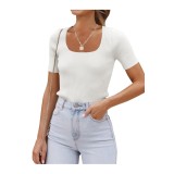 Tricou de bază slim fit pentru femei cu g&acirc;t pătrat &ndash; Alb L