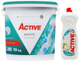 Detergent pudra pentru rufe albe Active, galeata 10kg, 130 spalari + Detergent de vase lichid Active, 1 litru, cocos