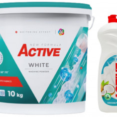 Detergent pudra pentru rufe albe Active, galeata 10kg, 130 spalari + Detergent de vase lichid Active, 1 litru, cocos