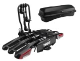 Suport biciclete Thule EasyFold 3 pentru 3 biciclete + cutie portbagaj Thule Santu cu prindere pe carligul de remorcare