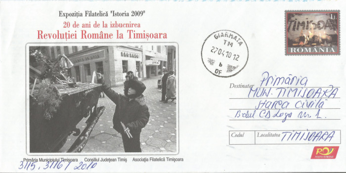 Romania, 20 de ani de la Revolutia Romana, intreg postal, circulat, 2010