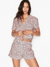 Pijama, Victoria&amp;#039;s Secret, Cotton Cropped Short PJ Set, Pink Black mini Leopard Hearts, Marime L foto