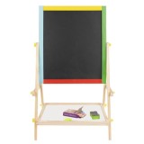 Cumpara ieftin Tabla educativa pentru copii, cu doua fete, suport lemn, 65.5x40x33 cm, cu marker, burete si creta, multicolor