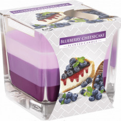 Lumanare parfumata bispol in trei culori pahar patrat - blueberry cheesecake