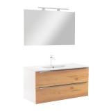 Mobilier Baie Vario Trim 100 Stejar Alb, Complet: Dulap + Lavoar Ceramic + Oglinda. Corp Alb, Front Stejar, Montat, Inchidere Silentioasa
