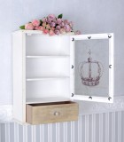 Bufet Perete Lemn Masiv Alb Bej Antichizat, 60x50x20cm, Vitrina Sticla, Rafturi, Mobilier Clasic, Lucrat Manual