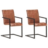 vidaXL Scaune de bucătărie cantilever, 2 buc., maro, piele naturală 321851