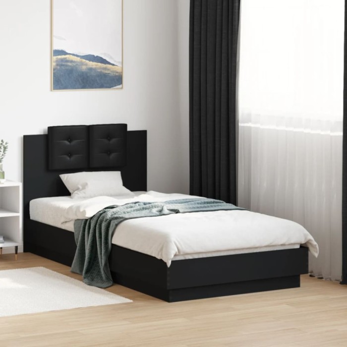 Cadru de pat cu tăblie și lumini LED, negru, 75x190 cm