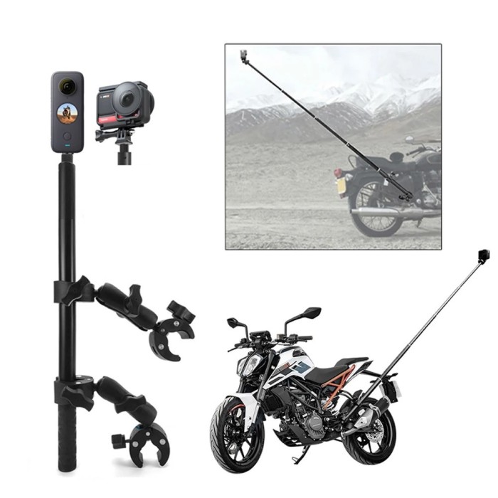 Set prindere motocicleta: selfie stick + 2x clema dubla camere Insta360 X2 X3 X4