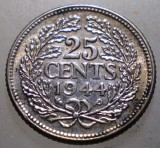 J.318 OLANDA WWII WILHELMINA 25 CENTS 1944 ARGINT