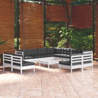 vidaXL Set mobilier grădină cu perne, 12 piese, alb, lemn masiv pin 3096870 foto