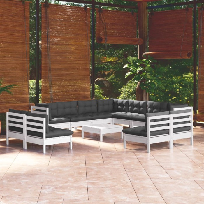 vidaXL Set mobilier grădină cu perne, 12 piese, alb, lemn masiv pin 3096870