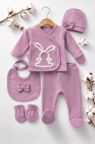 Set bebe fete 5 piese mov prafuit iepuras bluza pantaloni baveta caciula manusi