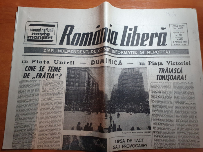 romania libera 3 aprilie 1990-manifestatie in piata unirii si piata victoriei