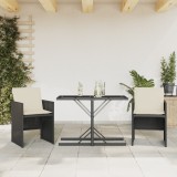 Set Bistro 3 Piese vidaXL, Negru, Poliratan, Perne Incluse, Gradina/Balcon, Masa Sticla, Scaune Pliabile
