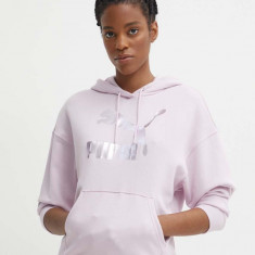 Puma bluză CLASSICS Shiny Logo Hoodie femei, culoarea violet, cu glugă, imprimeu, 625595